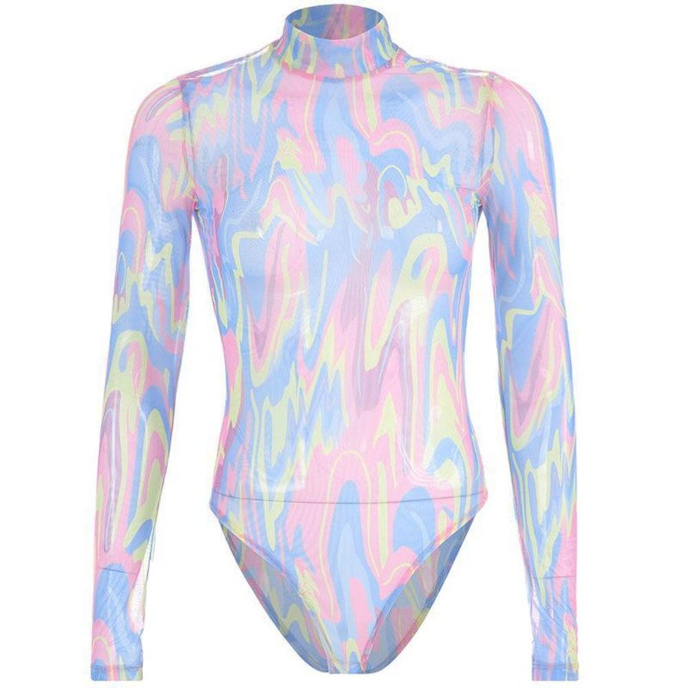 Pink blue yellow swirl all over print long sleeve mock neck bodysuit top - Picture 1 of 5